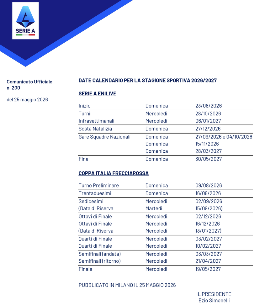 Serie A e Coppa Italia, ufficializzato il nuovo calendario 2026/2027- immagine 2