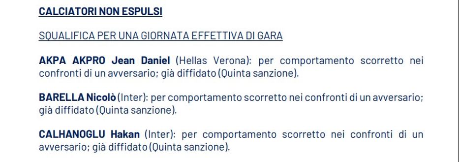 Lecce-Inter, ratificata dal giudice sportivo la squalifica di Calhanoglu e Barella. Bastoni diffidato- immagine 3