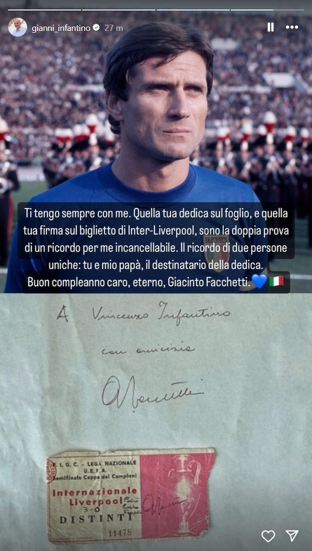Infantino mostra un autografo e ricorda Facchetti: “Ricordi incancellabili. Eri unico”- immagine 3