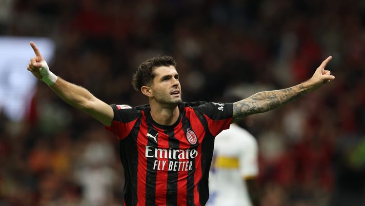 MILAN, ITALY - SEPTEMBER 23:  Christian Pulisic of AC Milan celebrates after scoring the goal during the Coppa Italia match between AC Milan and US Lecce at Giuseppe Meazza Stadium on September 23, 2025 in Milan, Italy. (Photo by Claudio Villa/AC Milan via Getty Images)  milan-pulisic-allegri-mvp-serie-a