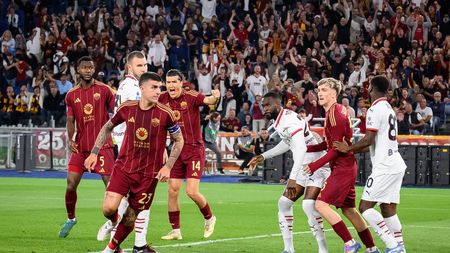 ROME, ITALY - MAY 18: Gianluca Mancini of AS Roma celebrates after scored the first goal for his team during the Serie A match between Roma and Milan at Stadio Olimpico on May 18, 2025 in Rome, Italy. (Photo by Fabio Rossi/AS Roma via Getty Images)
