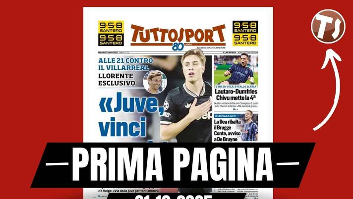 Prima pagina Tuttosport: 'Llorente: 'Juve, vinci e svolti. Può dare la spinta per il Milan''