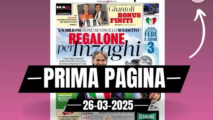 Prima pagina Gazzetta dello Sport: 'Inter, ad Inzaghi regalo Scudetto'