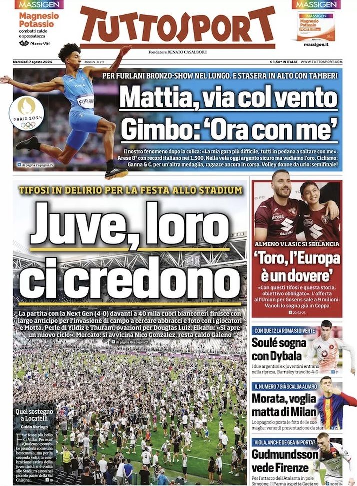 Tuttosport, la prima pagina di oggi, mercoledì 7 agosto 2024 Tuttosport