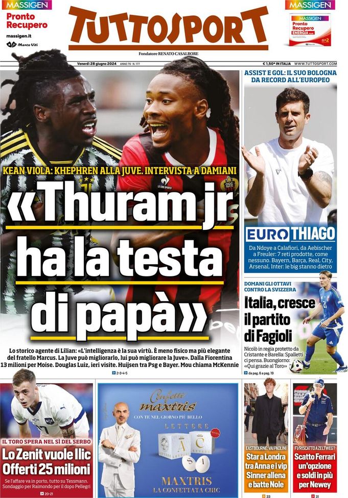 Tuttosport, la prima pagina di oggi, venerdì 28 giugno 2024 Tuttosport