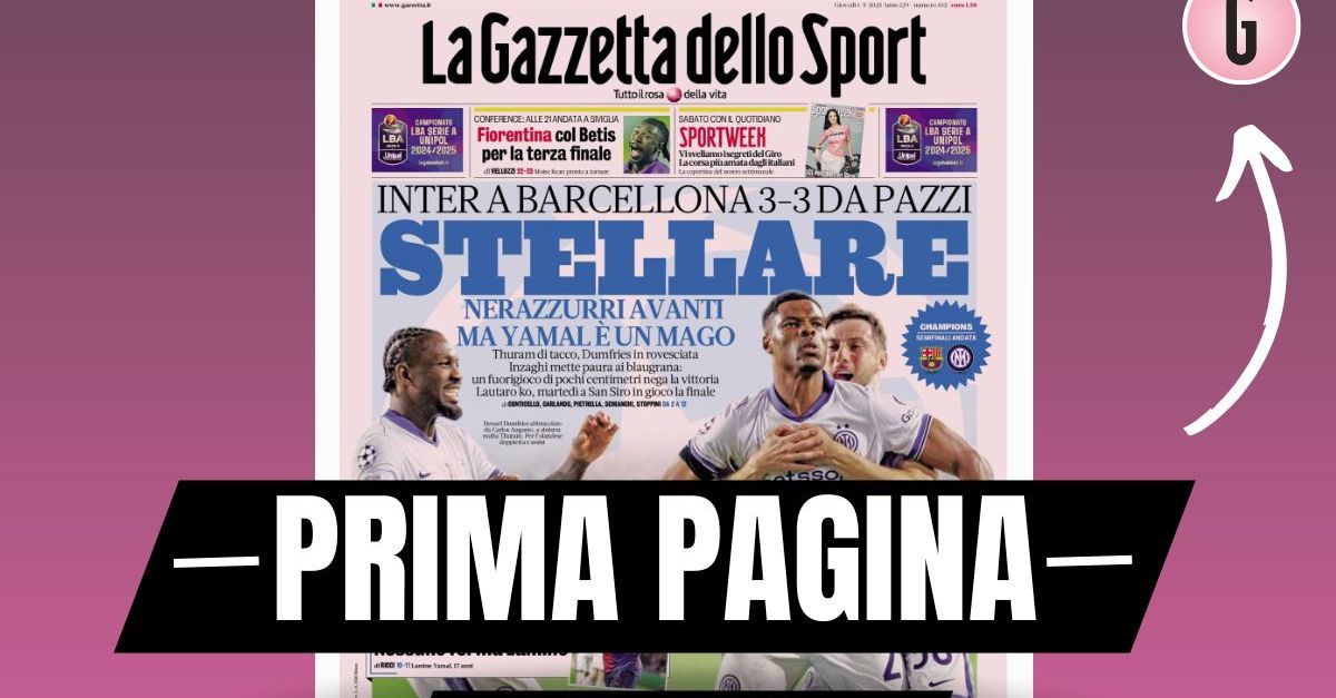 Prima pagina Gazzetta dello Sport: “Barcellona Inter, 3 3 da pazzi” Prima pagina Gazzetta dello Sport: “Barcellona Inter, 3 3 da pazzi”
