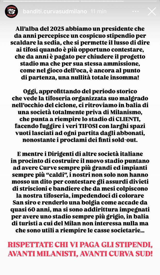 Curva Sud contro il Presidente Scaroni e il Milan: “Stadio ai turisti”- immagine 2