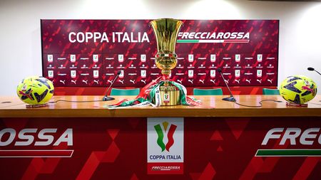 ROMA, ITALY - MAY 23: Coppa Italia Trophy during the press conference to present the Coppa Italia Final Match between ACF Fiorentina and FC Internazionale at Stadio Olimpico on May 23, 2023 in Rome, Italy. (Photo by Mattia Ozbot - Inter/Inter via Getty Images)