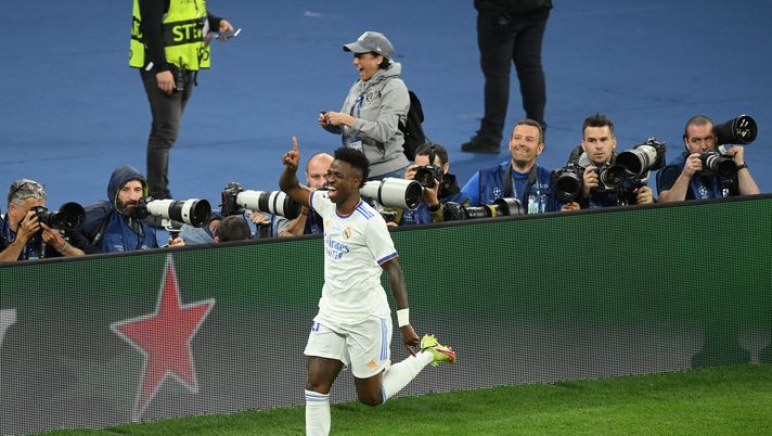 PARIS, FRANCE - MAY 28: Vinicius Junior of Real Madrid celebrates after scoring their team's first goal during the UEFA Champions League final match between Liverpool FC and Real Madrid at Stade de France on May 28, 2022 in Paris, France. (Photo by Matthias Hangst/Getty Images) I BALLETTI DELMADRIDISTA VINICIUS