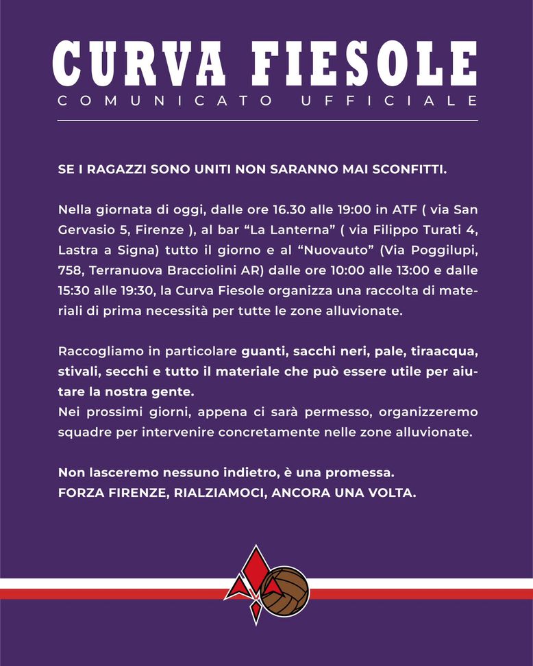 L’iniziativa della Curva Fiesole dopo l’alluvione: tutte le info- immagine 2