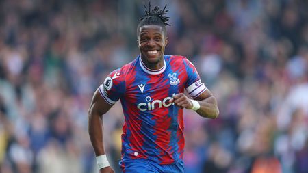 LONDON, ENGLAND - APRIL 29: Wilfried Zaha of Crystal Palace celebrates after scoring the team's second goal during the Premier League match between Crystal Palace and West Ham United at Selhurst Park on April 29, 2023 in London, England. (Photo by Tom Dulat/Getty Images)