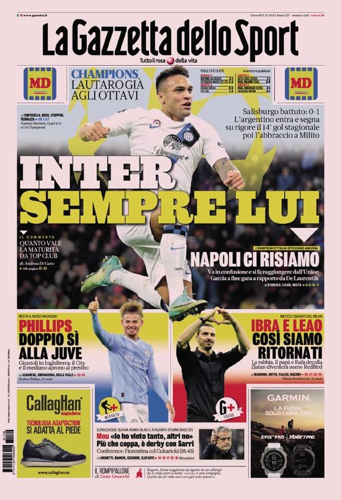 La prima pagina de La Gazzetta dello Sport 09-11-2023