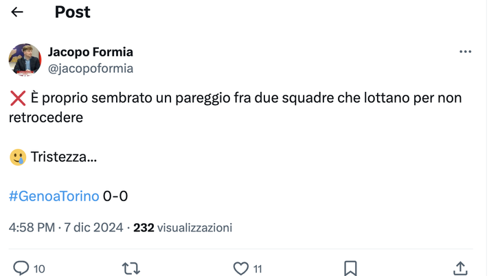 Genoa-Torino 0-0, le reazioni social: “Un pareggio per salvarsi, che tristezza” Genoa-Torino 0-0, le reazioni social: “Un pareggio per salvarsi, che tristezza” - immagine 1