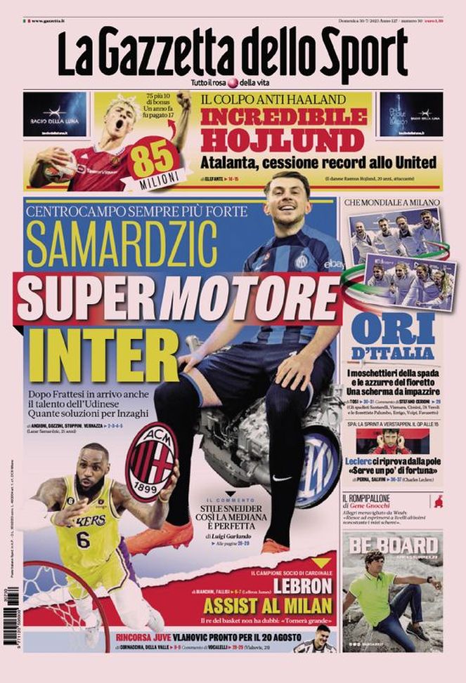 Prima Pagina Gazzetta Dello Sport: “Samardzic, Super Motore Inter ...