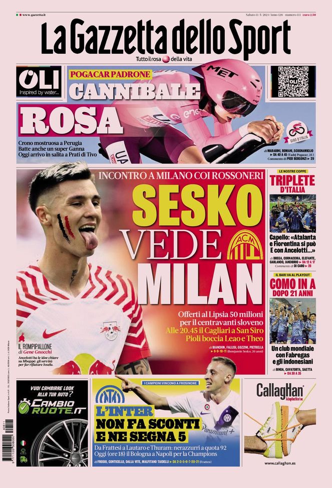 La Gazzetta dello Sport, la prima pagina di oggi, sabato 11 maggio 2024