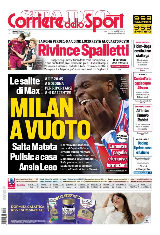Il Corriere dello Sport, la prima pagina di oggi, martedì 3 febbraio 2026 Il Corriere dello Sport
