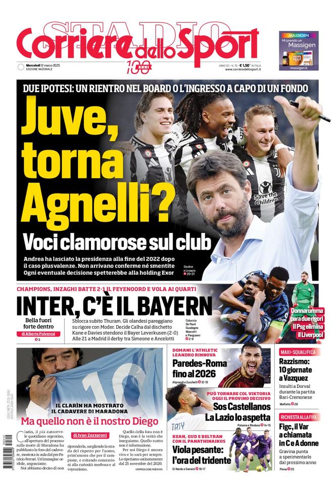 Il Corriere dello Sport, la prima pagina di oggi, mercoledì 12 marzo 2025 Il Corriere dello Sport
