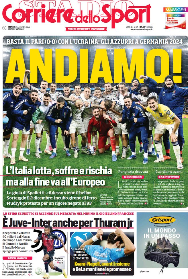Il Corriere dello Sport, la prima pagina di oggi, martedì 21 novembre 2023 Il Corriere dello Sport