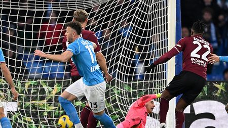 NAPLES, ITALY - JANUARY 13: Amir Rrahmani of SSC Napoli scores his side second goal during the Serie A TIM match between SSC Napoli and US Salernitana - Serie A TIM at Stadio Diego Armando Maradona on January 13, 2024 in Naples, Italy. (Photo by Francesco Pecoraro/Getty Images)