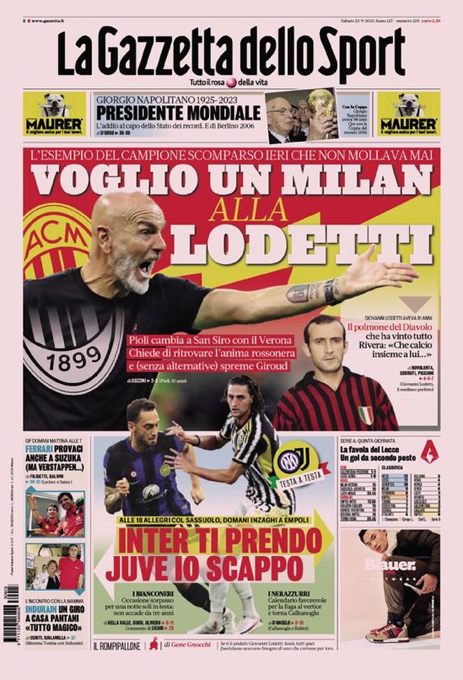 Prima Pagina Gazzetta dello Sport in edicola oggi, sabato 23 settembre