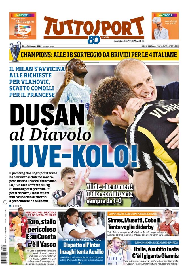 Tuttosport, la prima pagina di oggi, giovedì 28 agosto 2025 Tuttosport