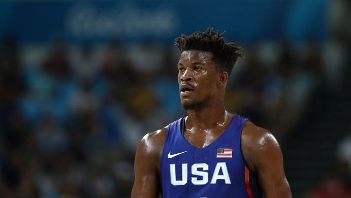RIO DE JANEIRO, BRAZIL - AUGUST 19: Jimmy Butler #4 of United States looks on during the Men's Semifinal match against Spain on Day 14 of the Rio 2016 Olympic Games at Carioca Arena 1 on August 19, 2016 in Rio de Janeiro, Brazil. (Photo by Ezra Shaw/Getty Images) Jimmy Butler