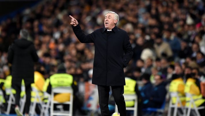 MADRID, SPAIN - JANUARY 29: Carlo Ancelotti, Head Coach of Real Madrid, reacts during the LaLiga Santander match between Real Madrid CF and Real Sociedad at Estadio Santiago Bernabeu on January 29, 2023 in Madrid, Spain. (Photo by Denis Doyle/Getty Images) ancelotti real madrid
