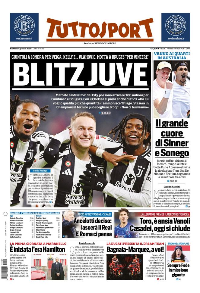 Tuttosport, la prima pagina di oggi, martedì 21 gennaio 2025 Tuttosport