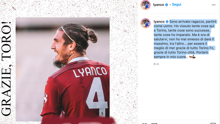 Lyanco, il saluto social: “Grazie al Toro e a Torino, vi porterò nel mio cuore” - immagine 1