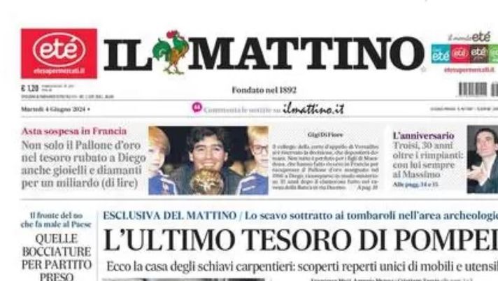 PRIMA PAGINA IL MATTINO OGGI: “Pallone Maradona, asta sospesa in Francia” prima pagina il mattino oggi