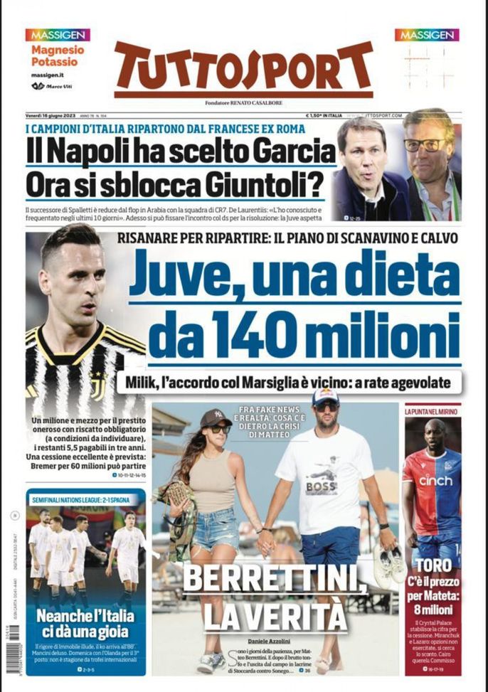 Prima Pagina Tuttosport “juve Una Dieta Da 140 Milioni” Pianeta Milan