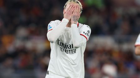 ROME, ITALY - MAY 18: Alejandro Jimenez of the AC Milan reacts during the Serie A match between Roma and AC Milan at Stadio Olimpico on May 18, 2025 in Rome, Italy. (Photo by Claudio Villa/AC Milan via Getty Images)