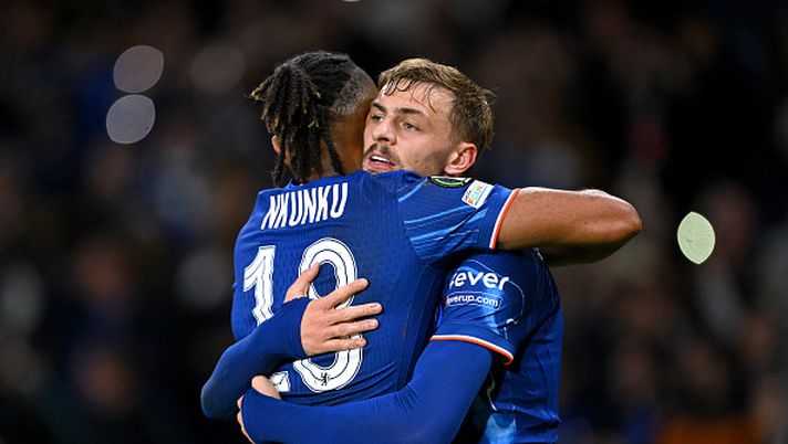 LONDON, ENGLAND - OCTOBER 03: Kiernan Dewsbury-Hall of Chelsea celebrates scoring his team's fourth goal with teammate Christopher Nkunku during the UEFA Conference League 2024/25 League Phase MD1 match between Chelsea FC and KAA Gent at Stamford Bridge on October 03, 2024 in London, England. (Photo by Mike Hewitt/Getty Images) bonus Nkunku