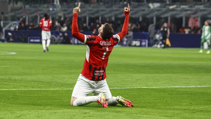 MILAN, ITALY - FEBRUARY 18: Santiago Gimenez of AC Milan celebrates after scoring the opening goal during the UEFA Champions League 2024/25 League Knockout Play-off second leg match between AC Milan and Feyenoord at San Siro Stadium on February 18, 2025 in Milan, Italy. (Photo by Giuseppe Cottini/AC Milan via Getty Images) Milan Gimenez