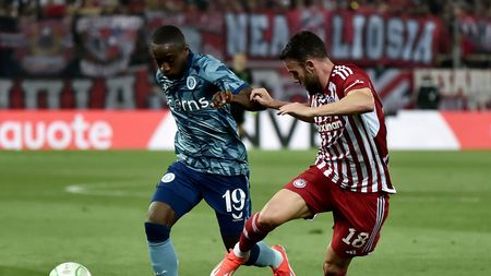 PIRAEUS, GREECE - MAY 09: Moussa Diaby of Aston Villa on the ball whilst under pressure from Quini Marin of Olympiakos during the UEFA Europa Conference League 2023/24 Semi-Final second leg match between Olympiacos FC and Aston Villa at Stadio Georgios Karaiskakis on May 09, 2024 in Piraeus, Greece. (Photo by Milos Bicanski/Getty Images)