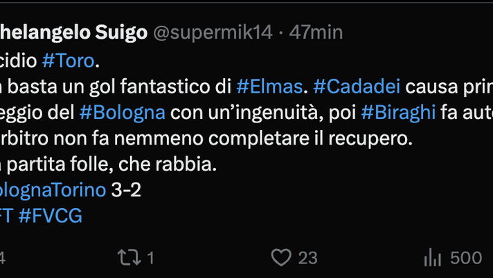 Bologna-Toro 3-2, le reazioni social: “Suicidio Toro. Partita folle, che rabbia” Bologna-Toro 3-2, le reazioni social: “Suicidio Toro. Partita folle, che rabbia” - immagine 1