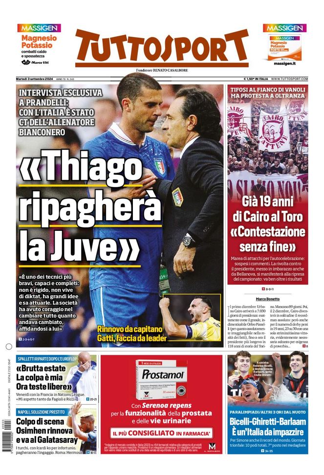 Tuttosport, la prima pagina di oggi, martedì 3 settembre 2024 Tuttosport