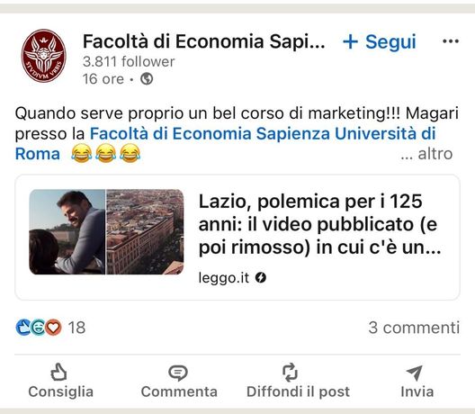 Lazio, che gaffe sui social. E La Sapienza ironizza: “Serve un corso di marketing”- immagine 2