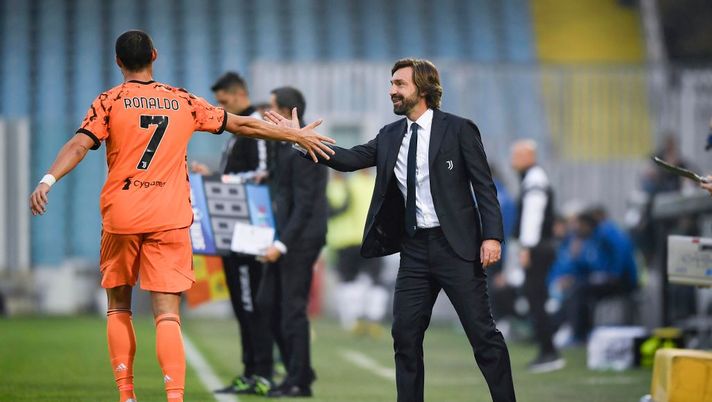 CESENA, ITALY - NOVEMBER 01: Juventus player Cristiano Ronaldo celebrates 1-4 goal with coach Andrea Pirlo during the Serie A match between Spezia Calcio and Juventus at Dino Manuzzi Stadium on November 01, 2020 in Cesena, Italy. (Photo by Daniele Badolato - Juventus FC/Juventus FC via Getty Images) Serie A, Spezia-Juve 1-4: i bianconeri vincono in Liguria - immagine 1