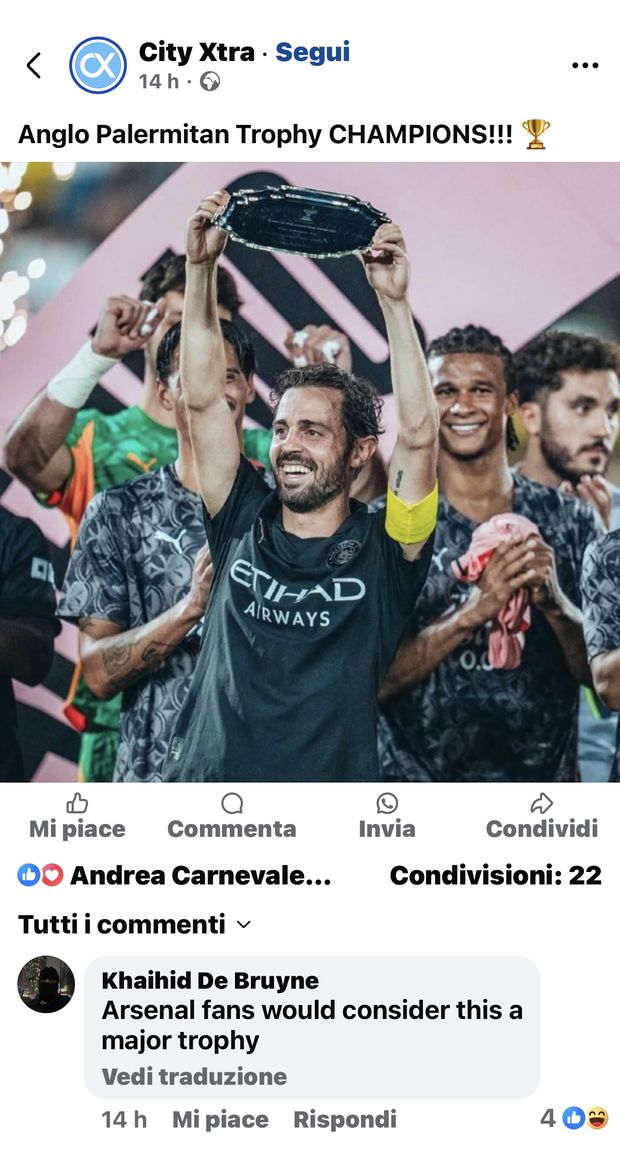 Il trofeo non piace agli inglesi, ironia per la “teiera” o “piatto per il riso” vinto dal Manchester City a Palermo- immagine 2