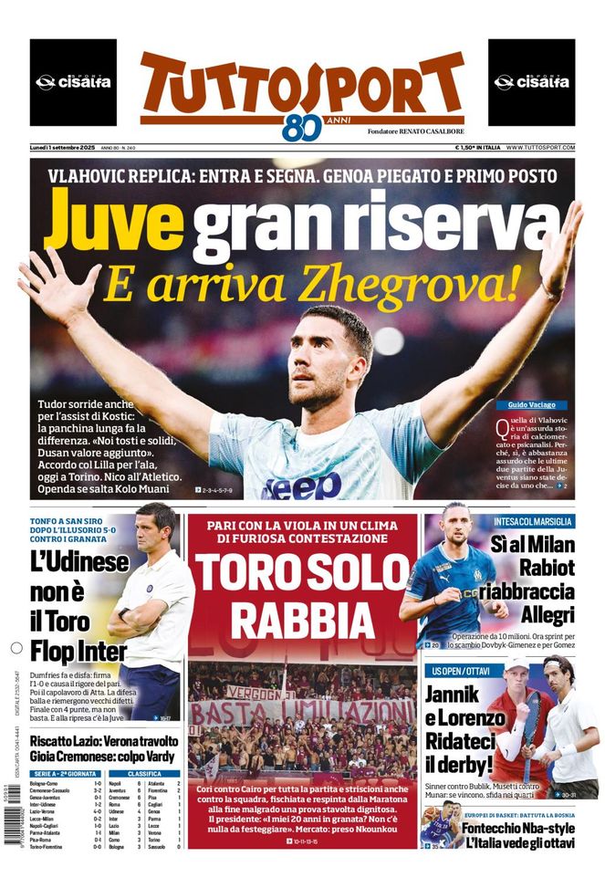 Tuttosport, la prima pagina di oggi, lunedì 1° settembre 2025 Tuttosport
