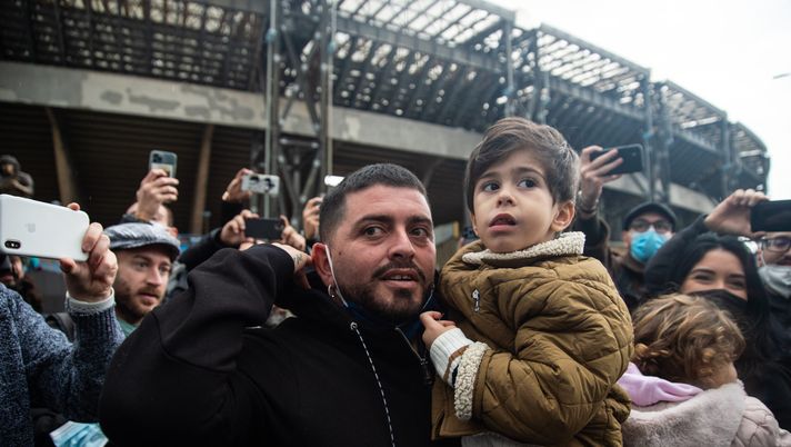 NAPLES, ITALY - NOVEMBER 25: Diego Armando Maradona junior attends the inauguration of the statue of Domenico Sepe dedicated to Maradona and exhibited near the stadium on November 25, 2021 in Naples, Italy. A year on after the football star's death, Maradona is still the idol of all Neapolitans, marked by tributes all over the city. (Photo by Ivan Romano/Getty Images) Maradona Jr