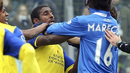 BRESCIA, ITALY - JANUARY 30: Victor Hugo Mareco of Brescia Calcio reacts to Kevin Constant of AC Chievo Verona during the Serie A match between Brescia Calcio and AC Chievo Verona at Mario Rigamonti Stadium on January 30, 2011 in Brescia, Italy. (Photo by Dino Panato/Getty Images)