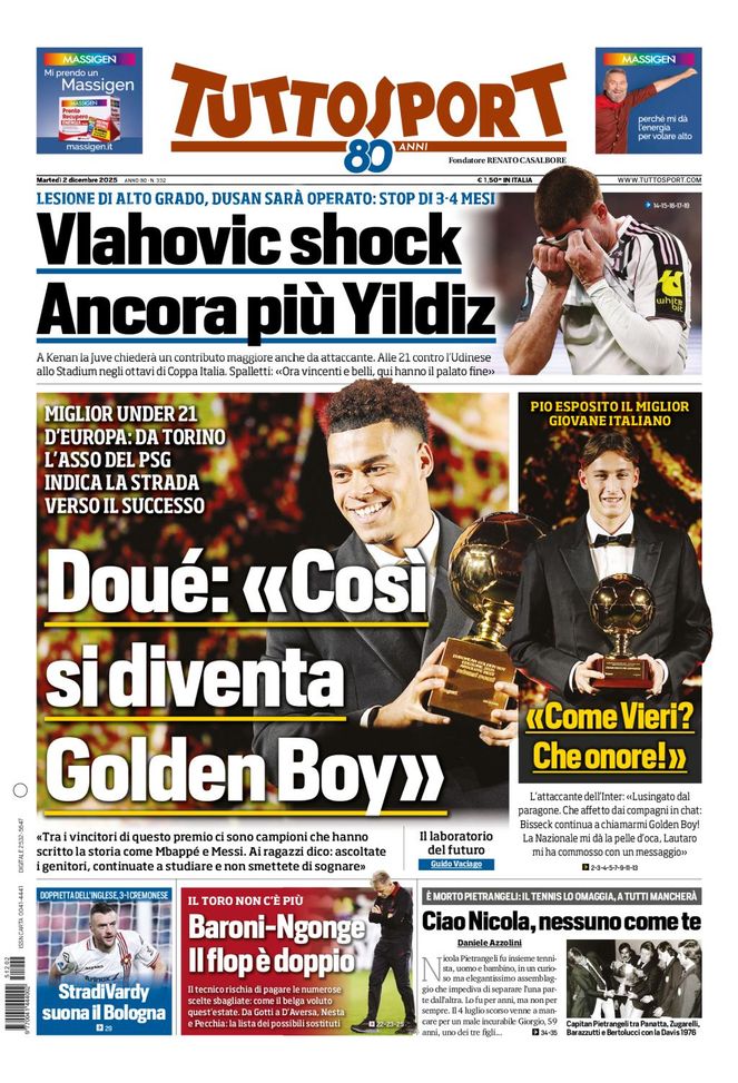 Tuttosport, la prima pagina di oggi, martedì 2 dicembre 2025 Tuttosport