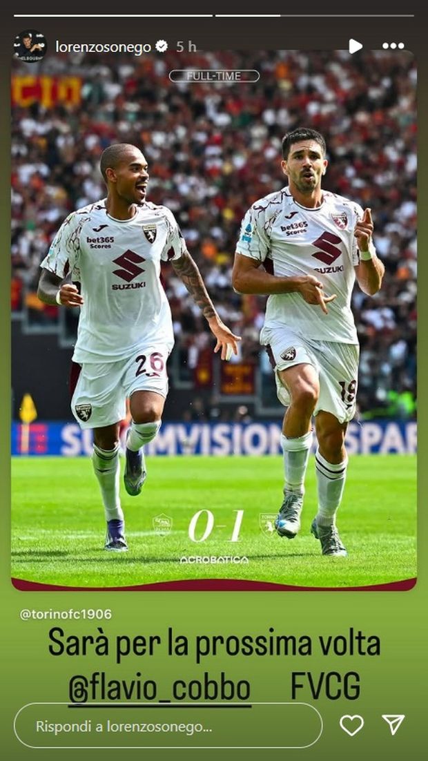 Roma-Toro 0-1, le reazioni social: Sonego scherza con Cobolli: “Sarà per la prossima volta”- immagine 2