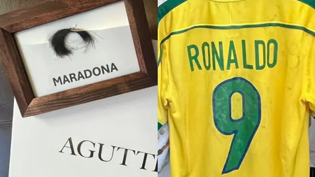 Ciocca di capelli di Maradona e maglietta di Ronaldo Il Fenomeno invenduti all'asta - (Foto tratta da MARCA)