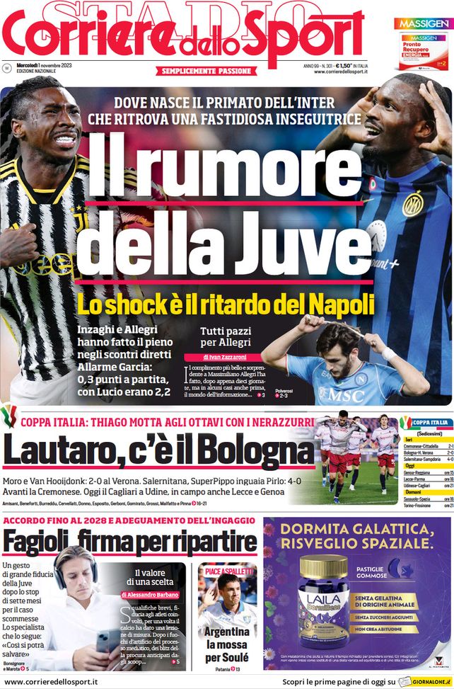 Il Corriere dello Sport, la prima pagina di oggi, mercoledì 1° novembre 2023 Il Corriere dello Sport