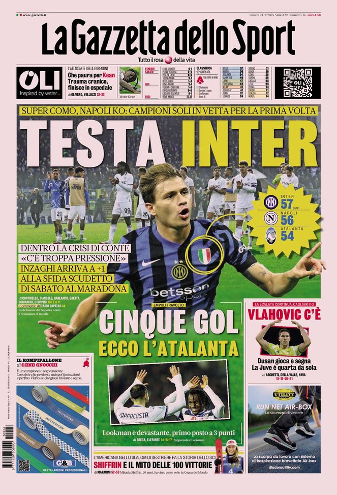 La Gazzetta dello Sport, la prima pagina di oggi, lunedì 24 febbraio 2025