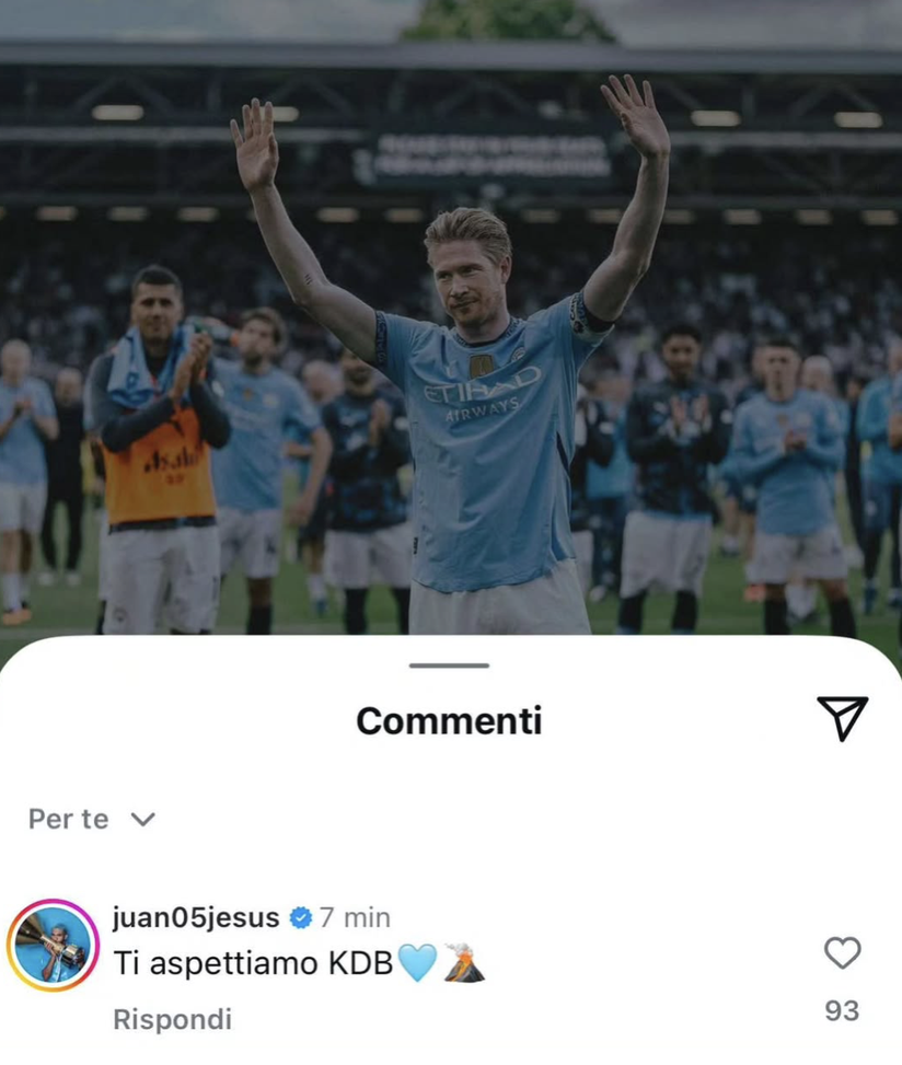 Napoli, Juan Jesus ‘chiama’ De Bruyne su Instagram: ecco il suo commento- immagine 2