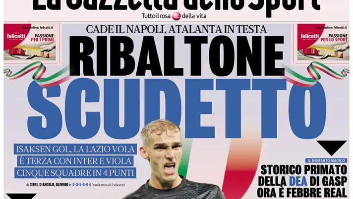 PRIMA PAGINA GAZZETTA DELLO SPORT: “Cade il Napoli, Atalanta in testa. Ribaltone scudetto” PRIMA PAGINA GAZZETTA DELLO SPORT OGGI: “Inzaghi al rinnovo, ci metto la firma”